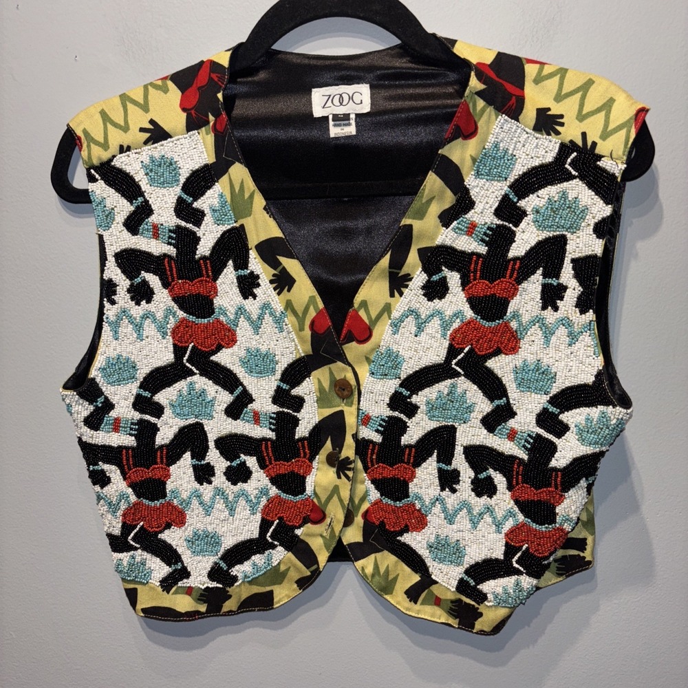 Vintage Zoog Beaded Vest Tribal scene indonesia Art Colorful Cropped SzM